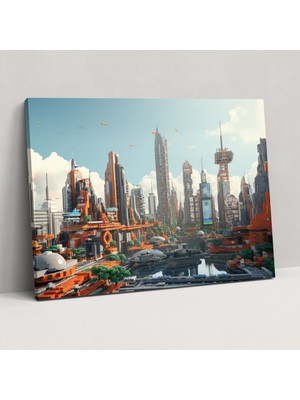Popcas LEGO Cam Tablo - Gelecek Şehir Manzarası - 3D Render Duvar Dekorasyonu