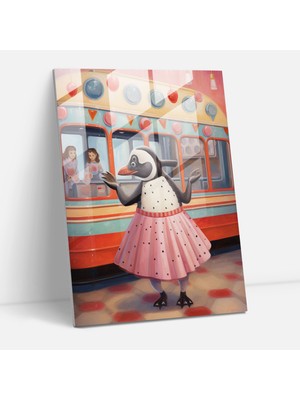Popcas Penguen Insan Gibi Giyinmiş Cam Tablo - Hayvanlar Insan Gibi Giyinmiş 1950'LER Tarzı Diner Vintage Noktalı Elbise Hayvanlar Insan Gibi Giyinmiş