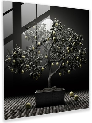 Popcas Siyah Beyaz Limon Ağacı Cam Tablo - Limon Ağacı Duvar Dekorasyonu Modern Sanat Dijital Sanat