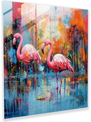 Popcas Flamingo Cenneti Cam Tablo - Duvar Dekorasyonu Modern Sanat
