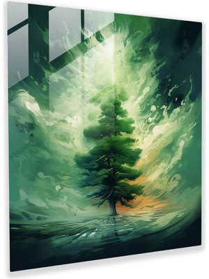 Popcas Rüya Gibi Yeşil Çam Cam Tablo - Yeşil Çam Duvar Dekorasyonu Modern Sanat Ev Dekorasyonu