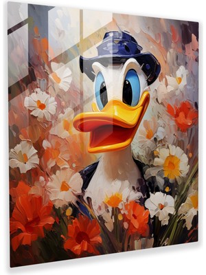 Popcas Çiçeklerle Çevrili Daffy Duck'un Izlenimci Tablosu - Ev Dekorasyonu Için Cam Tablo