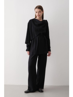 Jaste Kadın Drapeli Kuşaklı Bluz & Bol Paça Beli Lastikli Pantolon Takım SİYAH
