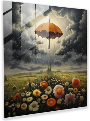 Popcas Yağmurlu Çiçekler Cam Tablo - Yağmur Cam Sanatı Şemsiye Çiçek Açan Çiçekler