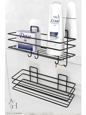 Paslanmaz 2 Li Set Yapışkanlı 4 Kancalı Banyo Rafı Mat Siyah Banyo Şampuanlık Duşakabin Duş Askısı