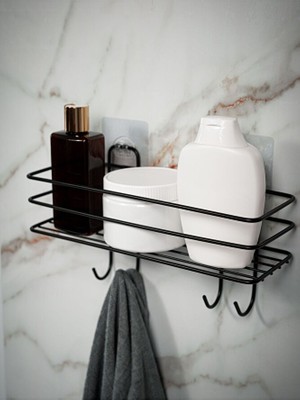 Yapışkanlı 4 Kancalı Banyo Rafı Siyah Banyo Lif Şampuanlık Duşakabin Askısı
