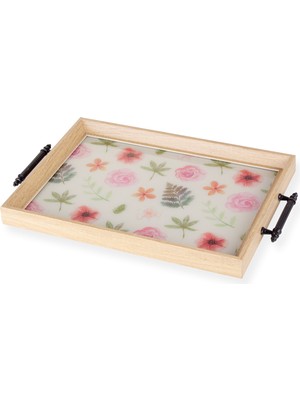 Floral Dikdörtgen Çay Kahve Cam Sunum Tepsisi 31x45cm