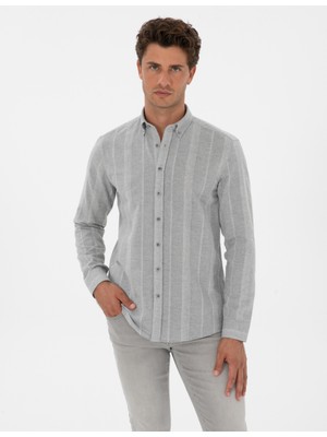 Pierre Cardin Erkek Gri Çizgili Regular Fit Desenli Gömlek 50312373-VR024