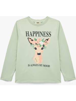 Pamuklu Geyik Baskılı Uzun Kollu Bisiklet Yaka Tişört