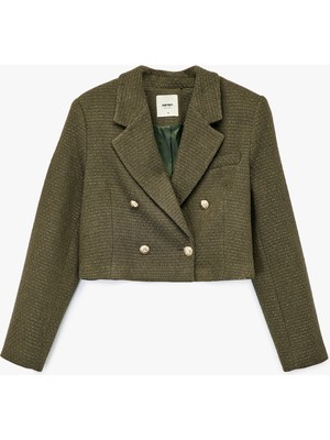 Uzun Kollu Kruvaze Tüvit Crop Blazer Ceket