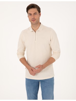 Pierre Cardin Erkek Bej Slim Fit Basic Pike Sweatshirt Kapamasız Kıvrılmaz Fermuarlı Polo Yaka 50314046-VR011