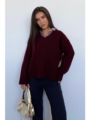 Bordo V Yaka Triko Kadın Kazak MG2501