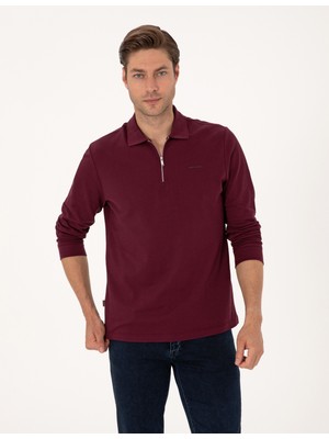 Pierre Cardin Erkek Bordo Slim Fit Kıvrılmaz Fermuarlı Polo Yaka Basic Pike Sweatshirt 50314046-VR014