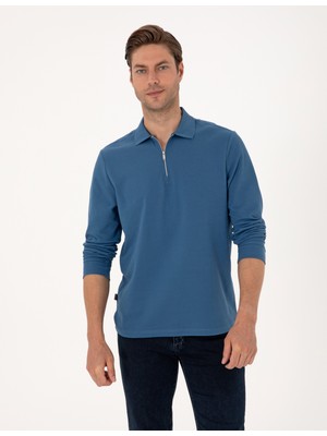 Pierre Cardin Erkek Açık Lacivert Slim Fit Kıvrılmaz Fermuarlı Polo Yaka Basic Pike Sweatshirt 50314046-VR059
