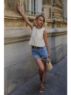 Pileli Bağlamlı Bluz - Natür