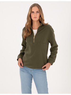 Pierre Cardin Kadın Haki Comfort Fit Fermuarlı Polar Sweatshirt 50314954-VR027