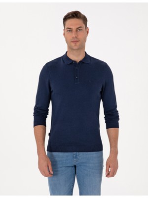 Pierre Cardin Erkek Açık Lacivert Slim Fit Polo Yaka Basic Triko Kazak 50314189-VR059
