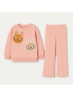 Kız Çocuk 3 Iplik Şardonlu Peluş Baskı Detaylı Sweatshirt - Eşofman Alt Üst Takım
