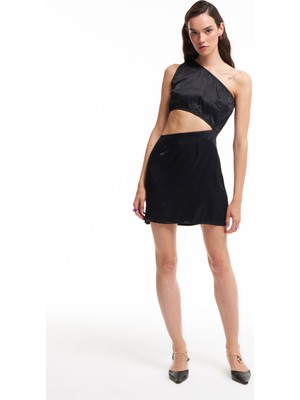 Quzu Tek Omuz Yanı Dekolteli Elbise Siyah