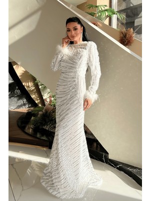 Pul Payet Kumaş Tesettür Abiye Elbise - Beyaz