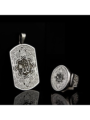 925 Ayar Gümüş Allah Lafzı Işlemeli Erkek Yüzük ve Kolye