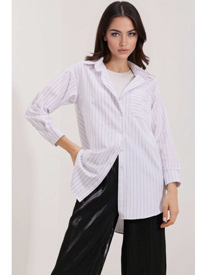 Hiccup Kadın BDART Cep Detaylı, Büyük Beden, Çizgili Poplin Gömlek Beyaz