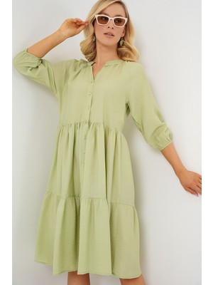 Hiccup Kadın BDART Düğme Kapatmalı Dokulu Midi Elbise Zümrüt Yeşili