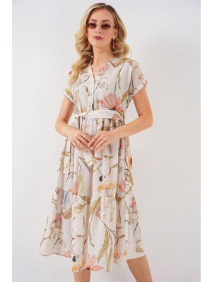 Hiccup Kadınlar BDART Şiirsel V-Yaka Midi Elbise ile Süs Tozlu Beyaz