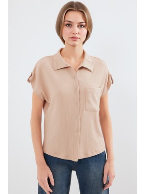 Hiccup Kadınlar BDART Cep Detaylı Bürümcük Kumaş Gömlek Deve Kahvesi
