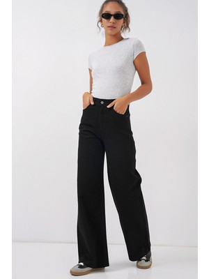Hiccup Kadın BDART Yüksek Bel Rahat Oturan Geniş Paça Denim Jean Siyah