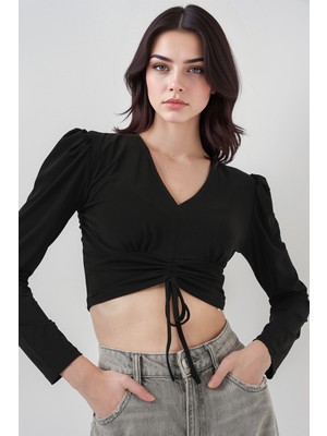 Hiccup Kadın BDART Drapeli V Yaka Dikişli Crop Top Siyah
