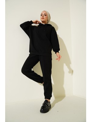 Hiccup Kadınlar BDART Oversized Kapüşonlu Sweatshirt ve Pantolon Aktif Seti Siyah