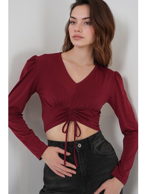 Hiccup Kadın BDART Drapeli V Yaka Dikişli Crop Top Bordo Kırmızı