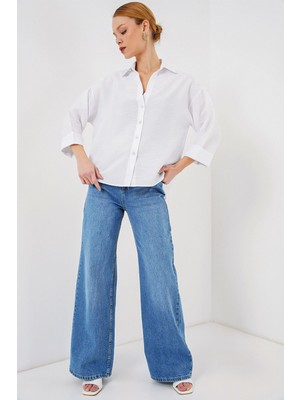 Hiccup Kadın BDART Dokulu Düğmeli Gömlek Beyaz