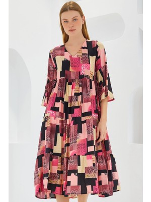 Hiccup Kadın BDART Desenli V Yaka Midi Elbise Kısa Kollu Çok Renkli