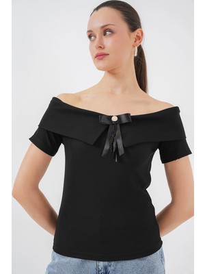 Hiccup Kadınlar BDART Kemerli, Kasa Yaka Ribana Bluz Siyah