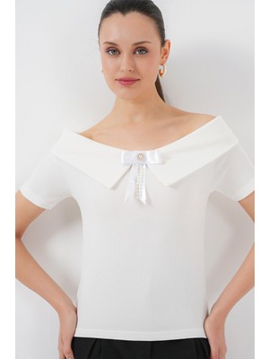 Hiccup Kadın BDART Kemerli, Kasa Yaka Ribana Bluz Beyaz