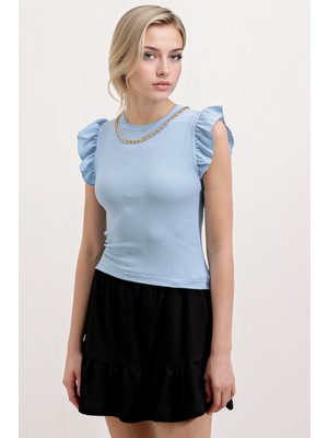 Hiccup Kadın BDART Nakışlı Dokulu Yuvarlak Yakalı Bluz Maya Mavisi