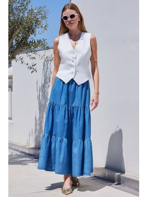 Hiccup Kadın BDART Fırfırlı Detaylı Maxi Kot Etek Lacivert