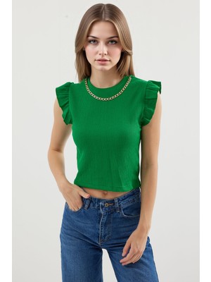 Hiccup Kadın BDART Nakışlı Dokulu Yuvarlak Yakalı Bluz Yeşil