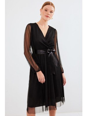 Hiccup Kadınlar BDART Kemerli V Yaka Midi Tül Elbise Siyah