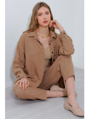 Hiccup Kadın BDART Keten Karışımlı Uzun Kollu Gömlek ve Pantolon Takım Deve Kahvesi