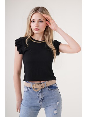 Hiccup Kadın BDART Nakışlı Dokulu Yuvarlak Yakalı Bluz Siyah