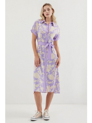 Hiccup Kadın BDART Kemerli Çiçekli Midi Elbise Lila Mor