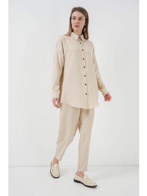 Hiccup Kadın BDART Keten Karışımlı Uzun Kollu Gömlek ve Pantolon Takım Krem Doğal