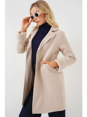 Hiccup Kadın BDART Şal Yaka Kaşmir-Akrilik Herringbone Desenli Kaban Krem Doğal