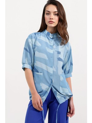Hiccup Kadınlar BDART Cep Detaylı, Abstrakt Desenli Rahat Kesim Gömlek Maya Mavisi