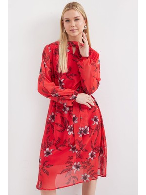 Hiccup Kadınlar BDART Çiçek Desenli Midi Elbise ile Çekmeli Kırmızı
