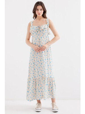 Hiccup Kadın BDART Kare Yaka ve Volan Detaylı Maxi Elbise Maya Mavisi