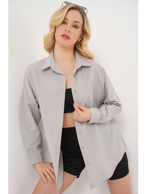 Hiccup Kadınlar BDART Oversize Poplin 2’li Gömlek Açık Gri
